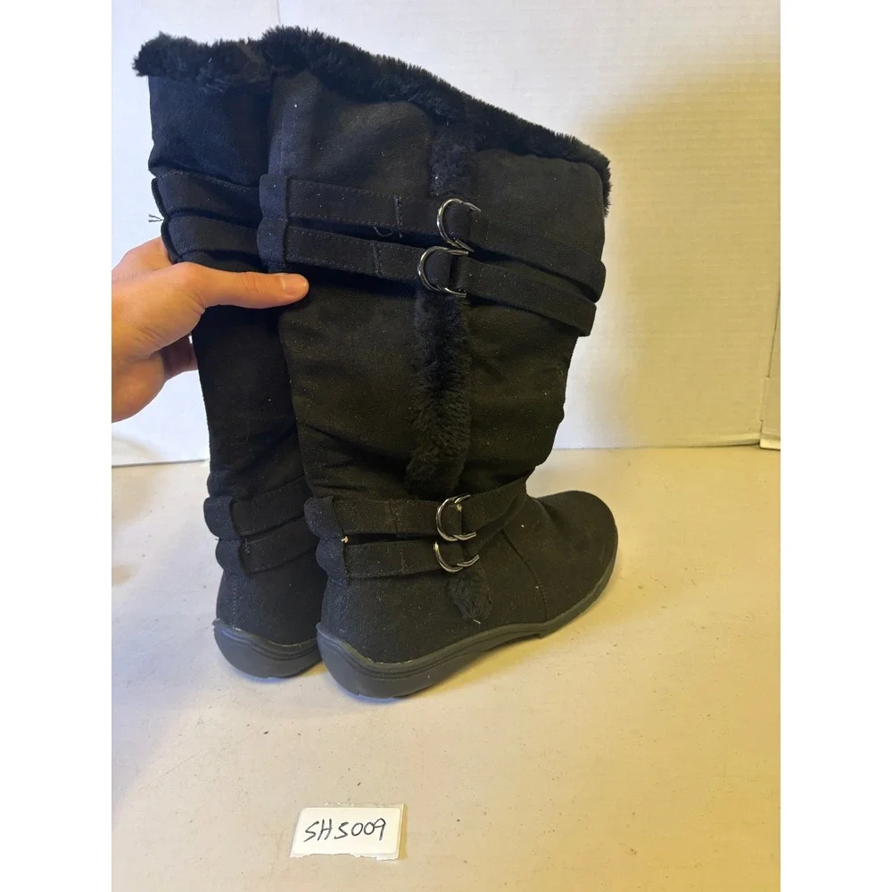 Shoe Dept Buffy Black Faux Suede Fur Trim Mid Calf Buckle Boots Womens 8.5M
